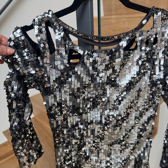 Metallic Silver Sequin Cut Out Mini-Dress, Size XS/S - Picture 3 of 8